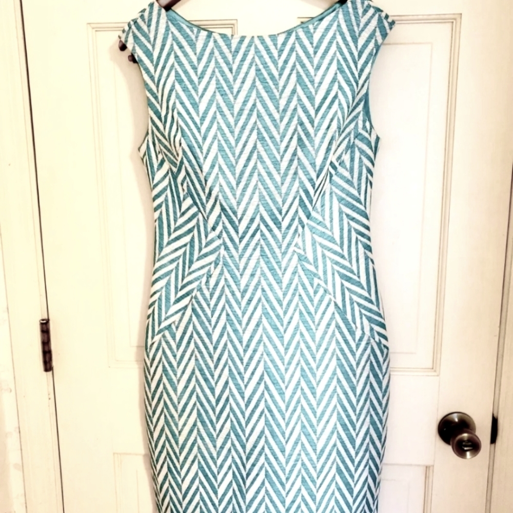 Eva Franco Teal and White Chevron Sheath Dress